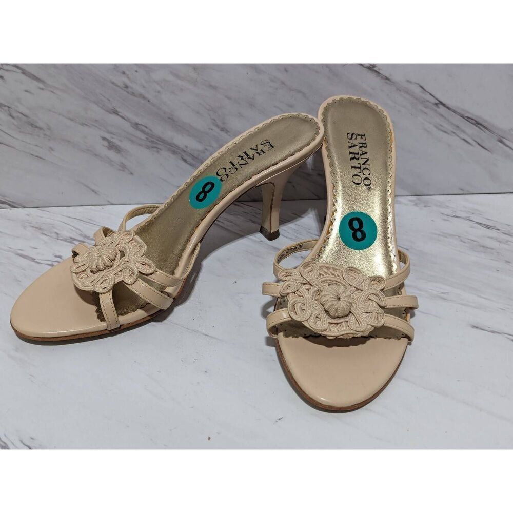 Franco Sarto Women's Tan Leather Floral Accent 3" Heel Slide Sandal Size 8